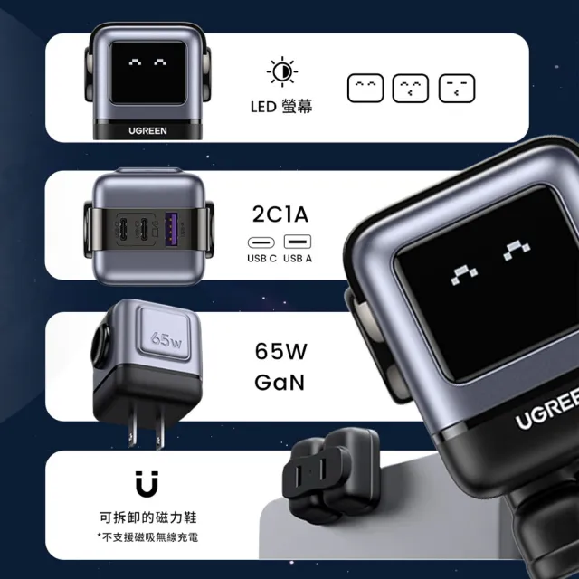【綠聯】小機器人 65W 2C1A GaN氮化鎵充電器 深空灰(快充頭/充電頭/PD/PPS/QC協議)