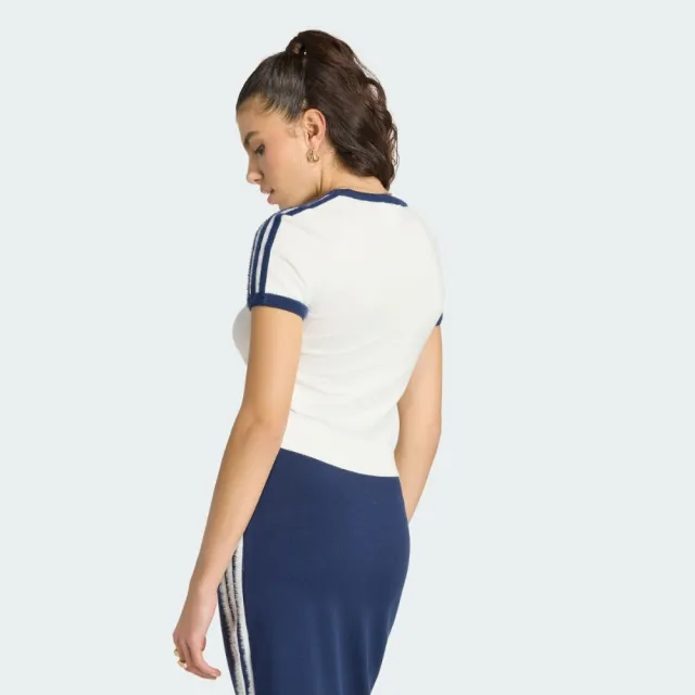 【adidas 愛迪達】短袖上衣 女 短版 三葉草 亞規 KNIT TEE 白藍 KS9952