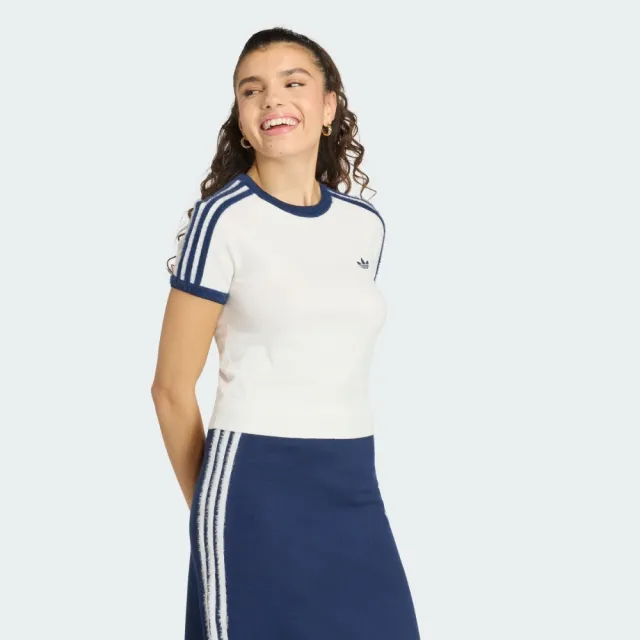 【adidas 愛迪達】短袖上衣 女 短版 三葉草 亞規 KNIT TEE 白藍 KS9952