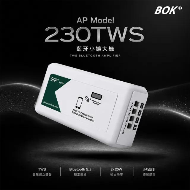 【BOK】AP Model 230 TWS藍牙小擴大機及IK-208 8吋方形二音路崁入式喇叭2支套組含MKL N60喇叭線20米