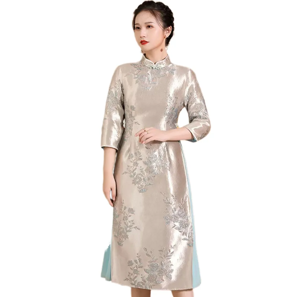 【巴黎精品】現貨+預購 女新中式旗袍連身裙改良旗袍A字裙長裙大碼洋裝休閒大尺碼女裝(刺繡大擺2色p1bf11)