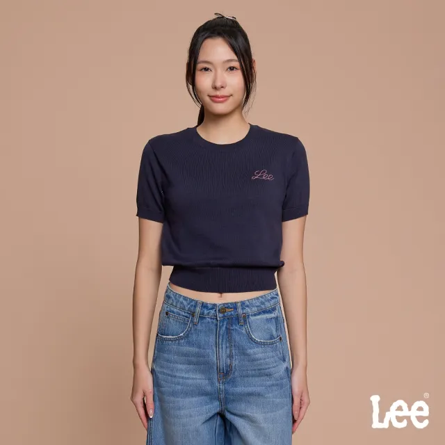 【Lee】女裝 針織毛衣 短版圓領 短袖針織衫 海軍藍 季節性版型 / LB612001735