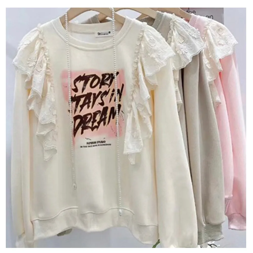 【BBHONEY】空氣棉蕾絲花邊印花棉TEE(秋冬長袖上衣)