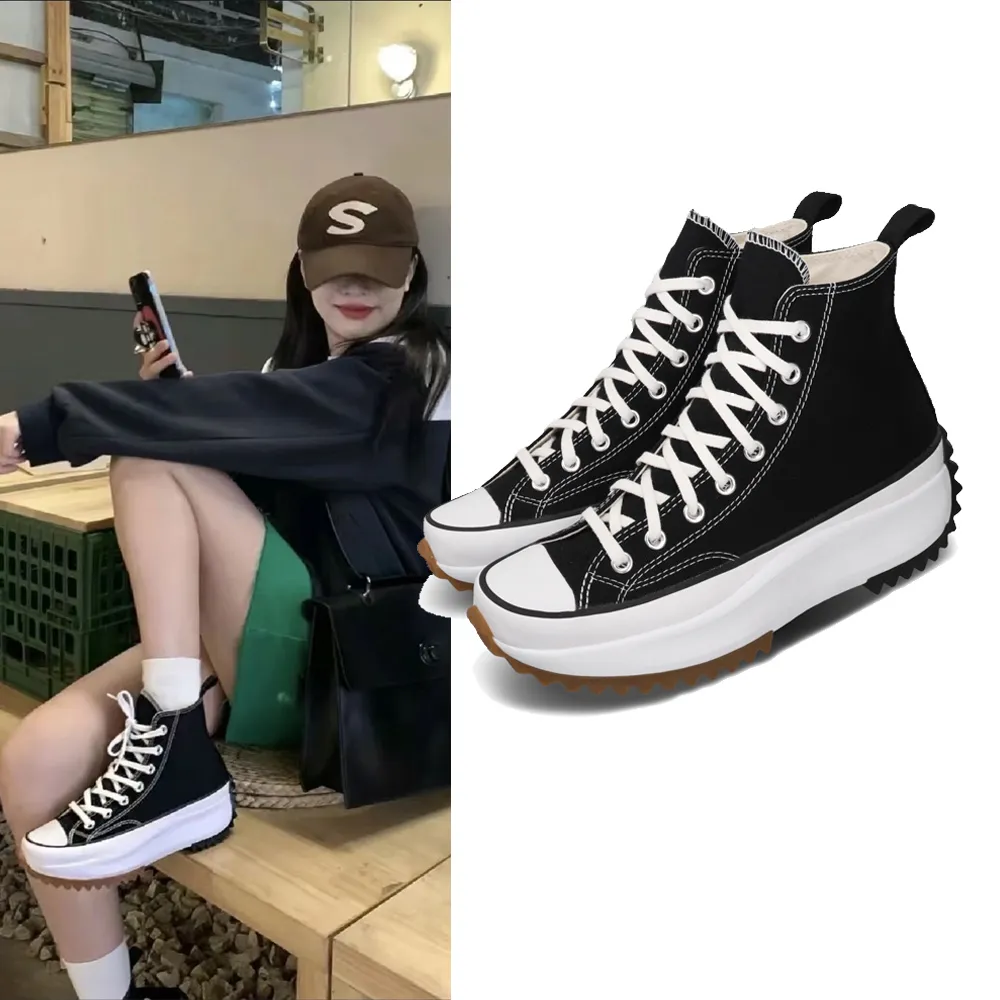 【CONVERSE】帆布鞋 Run Star Hike 穿搭 男女鞋 厚底 增高 平民版 黑 白 休閒鞋(166800C)