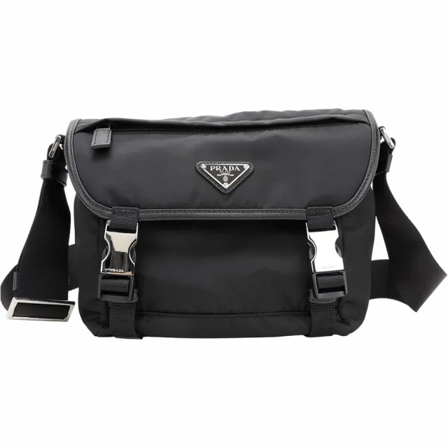 【PRADA 普拉達】Re-Nylon 三角牌雙釦尼龍防刮皮邊肩背郵差包(黑色 2VD066)