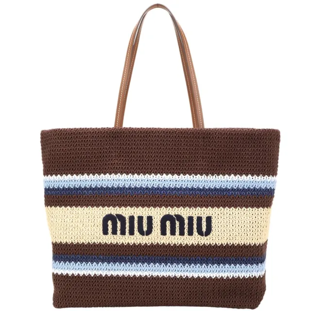 【MIU MIU】仿拉菲草鉤針編織 撞色肩背托特包(可可棕)