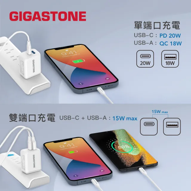 【Gigastone 立達國際】2入組 PD/QC3.0 20W雙孔急速快充充電器PD-6203NW ( iPhone/手機充電頭 )