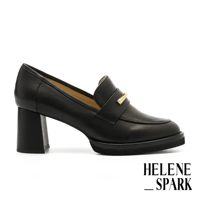 【HELENE_SPARK】復古時尚金屬長釦胎牛皮樂福美型高跟鞋(黑)