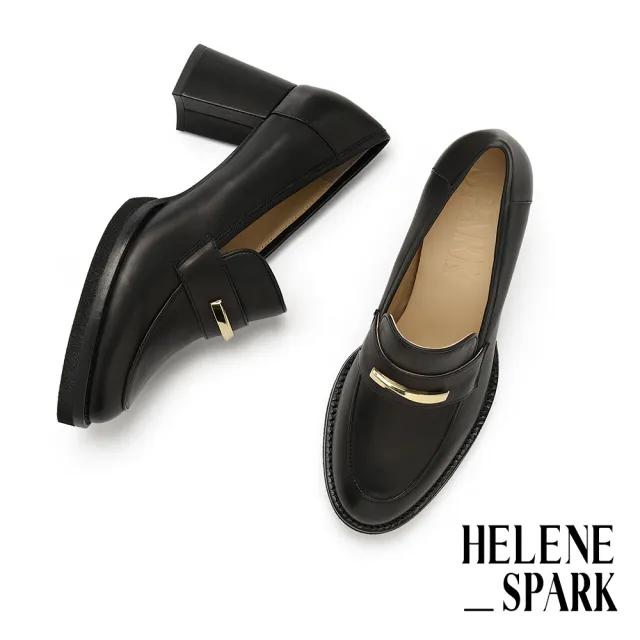 【HELENE_SPARK】復古時尚金屬長釦胎牛皮樂福美型高跟鞋(黑)