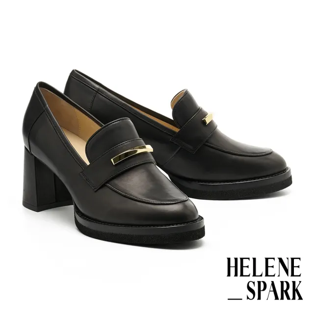 【HELENE_SPARK】復古時尚金屬長釦胎牛皮樂福美型高跟鞋(黑)