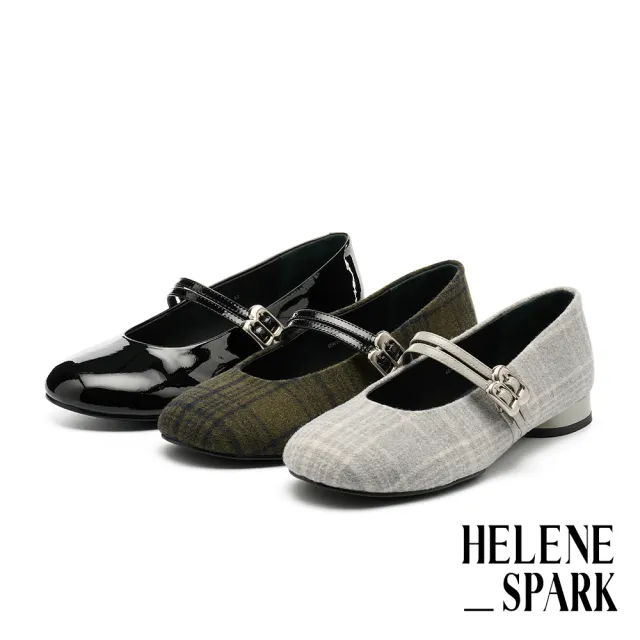 【HELENE_SPARK】復古優雅金屬釦雙繫帶軟牛漆皮瑪莉珍低跟鞋(黑)