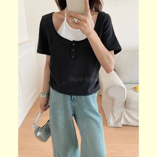 【Want-Meow】90公斤可穿/百搭日系顯瘦假兩件繞頸綁帶坑條上衣大學T短袖T(大碼上衣/大碼/大尺碼/短袖上衣)