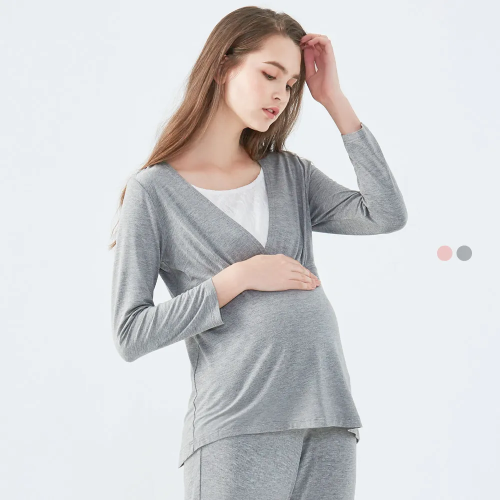 【Gennies 奇妮】親膚蕾絲居家哺乳衣-灰/粉(孕婦裝 月子服 居家服 睡衣 長袖 下拉哺乳)