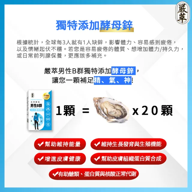 【YEN TSUI 嚴萃】天然酵母男性B群-8種維生素B+鋅+BCAA-3入組/共90粒(升級添加酵母鋅．全素可食)