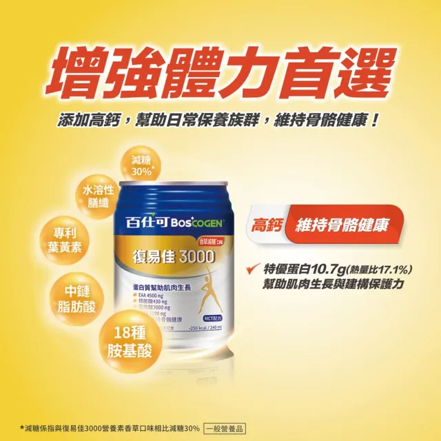 【Boscogen 百仕可】復易佳3000營養素 香草減糖口味 240ml*48入(三重優蛋白/ 體力保健首選 / 三重胺基酸)