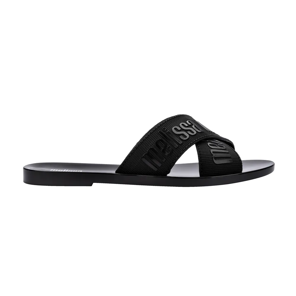 【Melissa】LOGO雙帶交叉平底拖鞋(黑色)
