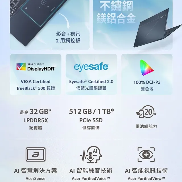 【Acer 宏碁】送羅技滑鼠★16吋3K OLED輕薄AI筆電(Swift Edge/SFE16-I51-53GL/Ultra 5-325/32G/512G/W11)