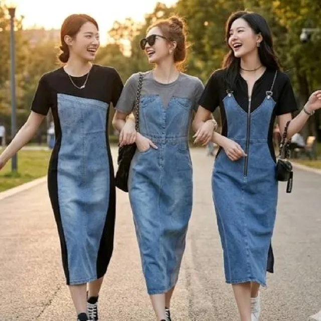 【米蘭精品】現貨出清 連身裙短袖洋裝(牛仔拼接收腰中長款女裙子4款74km53)