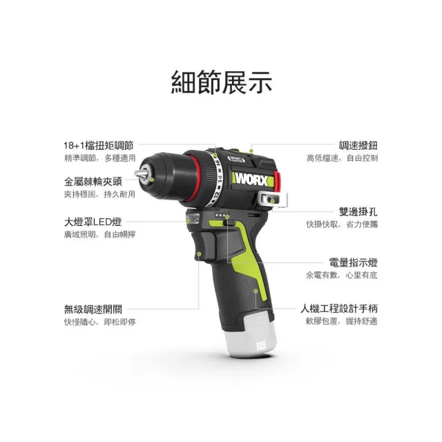 【WORX 威克士】12V 10mm 50 N·m 無碳雙速電鑽 WU135.9(電鑽 無刷 起子電鑽 無刷夾頭電鑽)