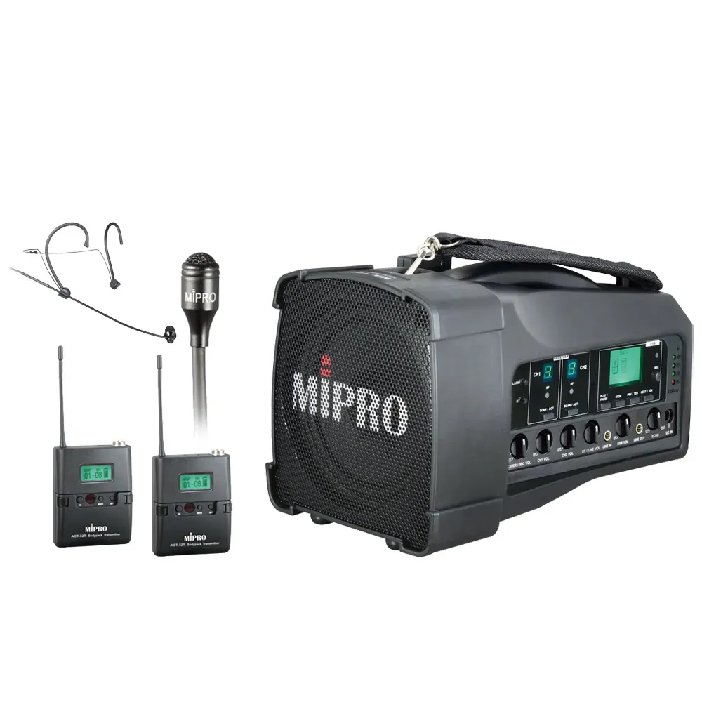 【MIPRO】MA-100D 雙頻道UHF迷你無線喊話器 肩掛式/遠距教學(配1領夾+1頭戴32T無線克風)