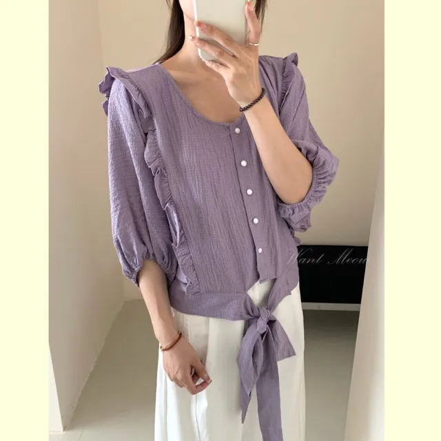 【Want-Meow】90公斤可穿/百搭韓系荷葉邊五分袖下綁帶上衣大學T短袖T(大碼上衣/大碼/大尺碼/短袖上衣)