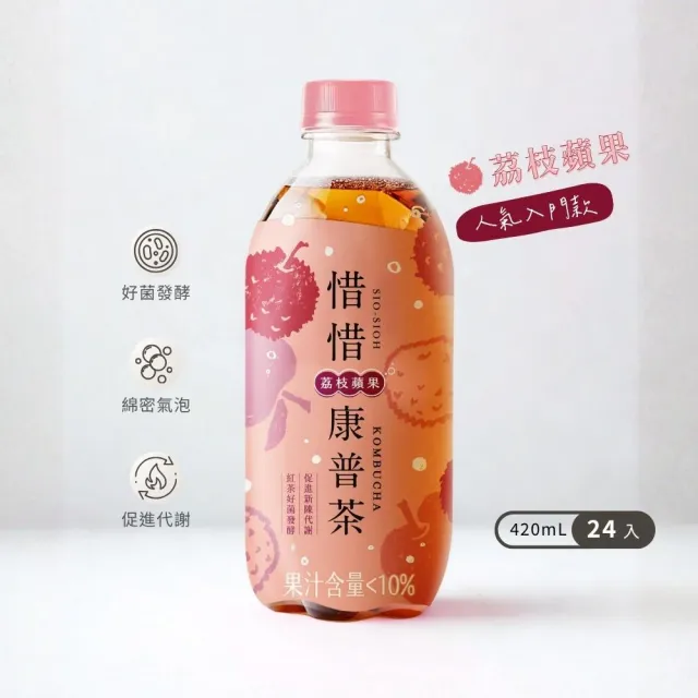 【惜惜】康普茶氣泡飲420mlx24入/箱(荔枝蘋果/酸甜青梅/白桃綠茶)