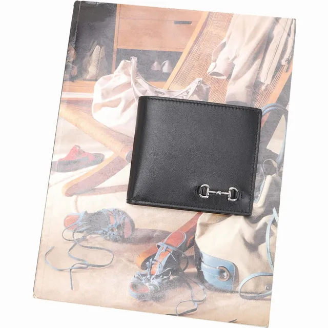 【GUCCI 古馳】Horsebit 馬銜扣4卡對開短夾(黑色)(皮夾 錢包)