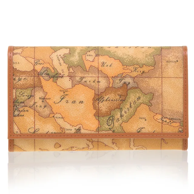 【Alviero Martini】義大利地圖包 扣式8卡零錢中長夾(地圖黃)