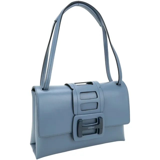 【HOGAN】H-Bag H琺瑯簍空釦帶滑動背帶牛皮肩背包(灰藍)(手提 翻蓋包 義大利精品)