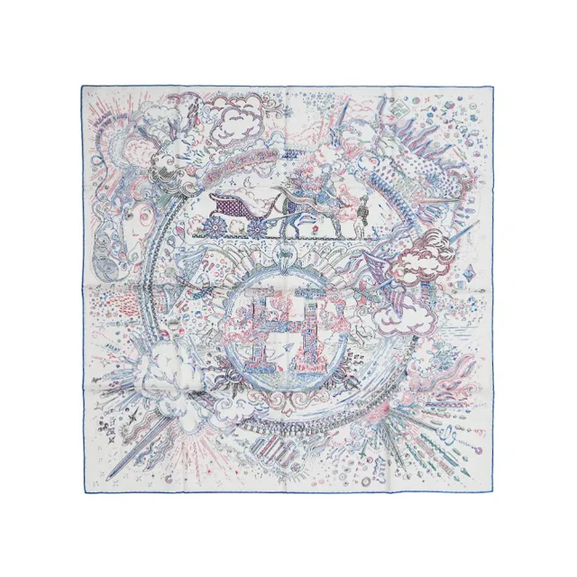【Hermes 愛馬仕】Please hold the line 塗鴉線條圖案絲巾/方巾-90cm(白/藍/紅)