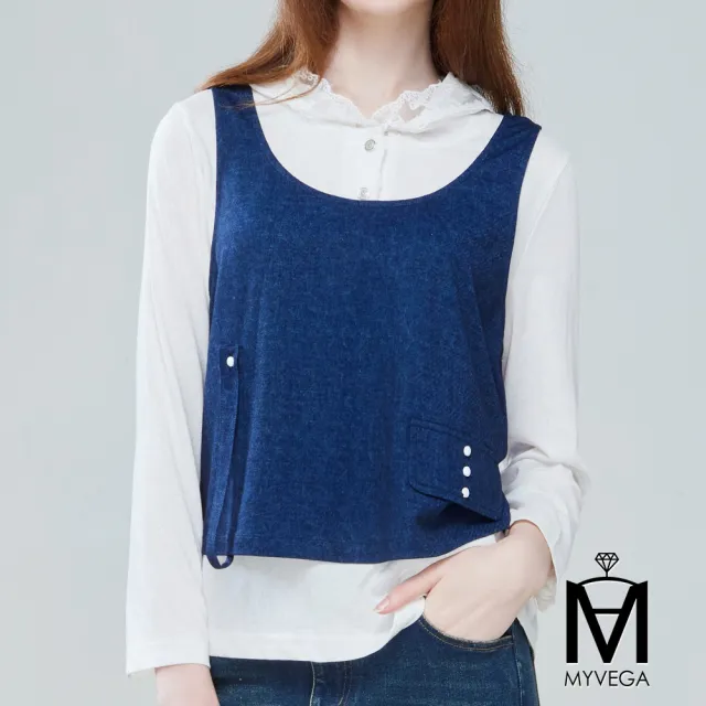 【MYVEGA 麥雪爾】MA高含棉真兩件式蕾絲邊連帽上衣-牛仔藍(日系/丹寧/套裝/女上衣/帽T)