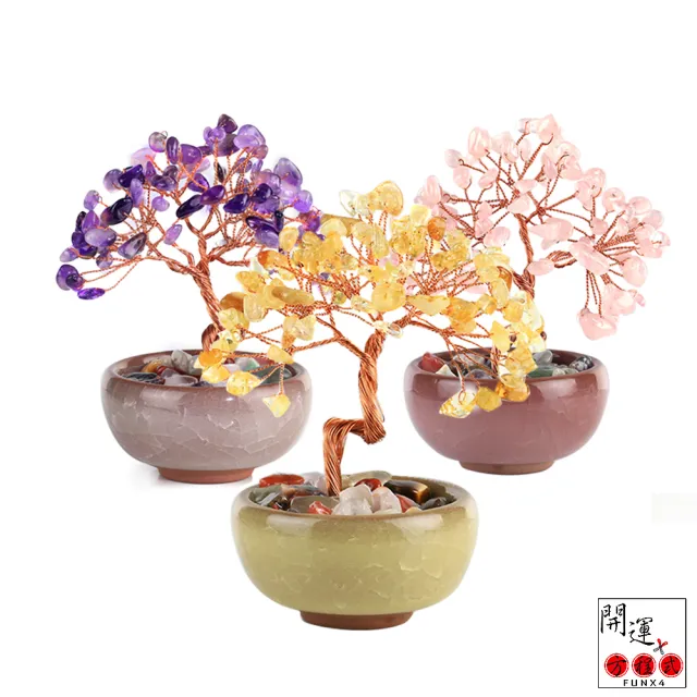 【開運方程式】水晶招財樹水晶簇花一入陶瓷聚寶盆(紫水晶黃水晶粉晶發財樹/財位/禮盒送禮開運/入厝禮)