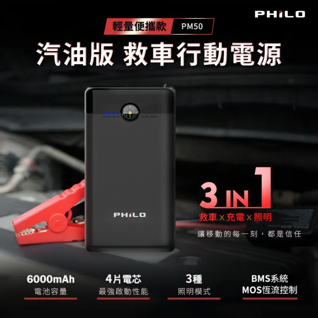 【Philo 飛樂】PM50 超輕巧 6000mAh 救車啟動電源 (比手機小/300g) 汽機車通用/汽車電霸/緊急啟動電源