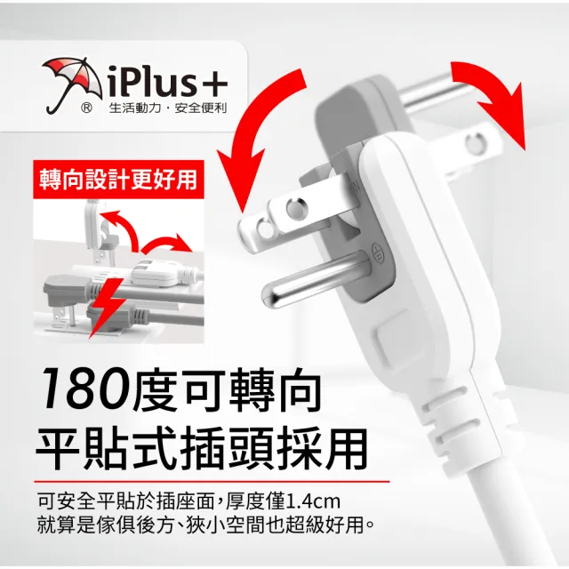 【iPlus+ 保護傘】5開4插3P防塵抗雷擊旋轉插頭延長線4.5M(PU-3547S 斜面開關.台灣製.防火)