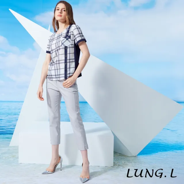 【LUNG.L 林佳樺】LW51A 白色格紋拼接藍色搭配織帶短袖女裝上衣（加大尺碼）