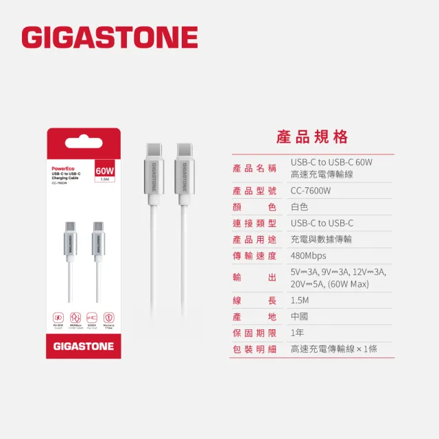 【Gigastone 立達國際】20W雙孔急速快充充電器 + Type-C to C 60W充電線組合(iPhone 15以上/安卓手機適用)