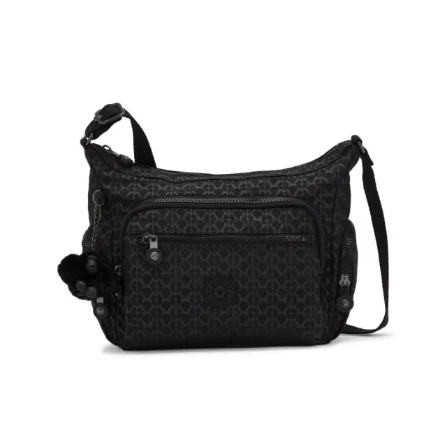 【KIPLING】『牛角包』經典黑菱格紋印花多袋實用側背包-GABBIE S