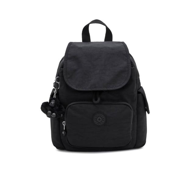 【KIPLING】『猴子包』曜岩黑品牌經典圓標拉鍊掀蓋後背包-CITY PACK MINI 女包