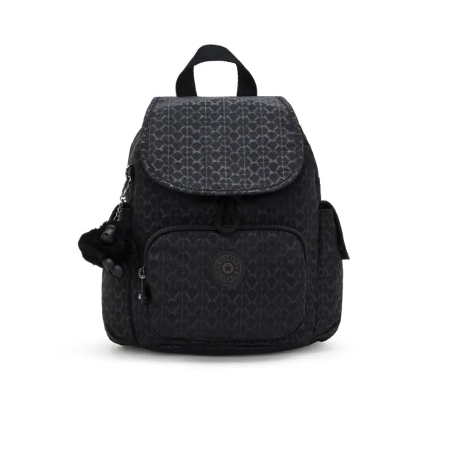 【KIPLING】『猴子包』經典黑菱格紋印花拉鍊掀蓋後背包-CITY PACK MINI 女包