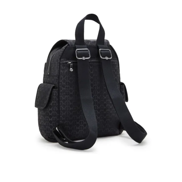 【KIPLING】『猴子包』經典黑菱格紋印花拉鍊掀蓋後背包-CITY PACK MINI 女包