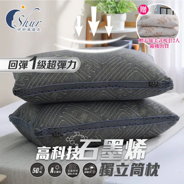 【ISHUR 伊舒爾】石墨烯遠紅外線獨立筒枕2入 台灣製造(贈天絲枕套2入/高科技/枕頭)