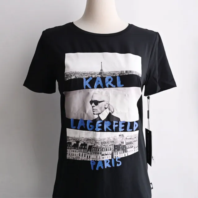 【KARL LAGERFELD 卡爾】品牌英文老佛爺潮流風格棉質個性短T恤(黑)