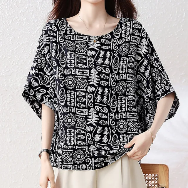 【麗質達人】8316蝙蝠袖印花短版上衣-LY (L-5XL)