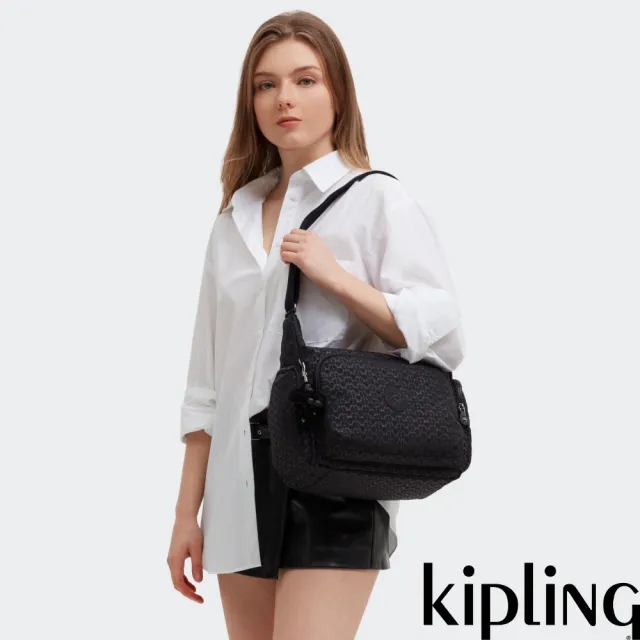 【KIPLING】『牛角包』經典黑菱格紋印花多袋實用側背包-GABB