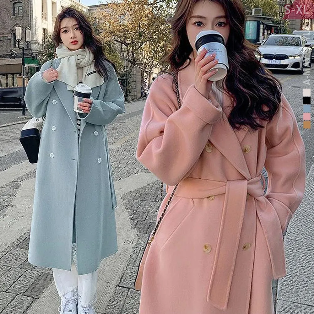 【Amay Style 艾美時尚】現貨 毛呢外套 經典日韓設計腰帶保暖顯瘦長版毛呢大衣。S-XL
