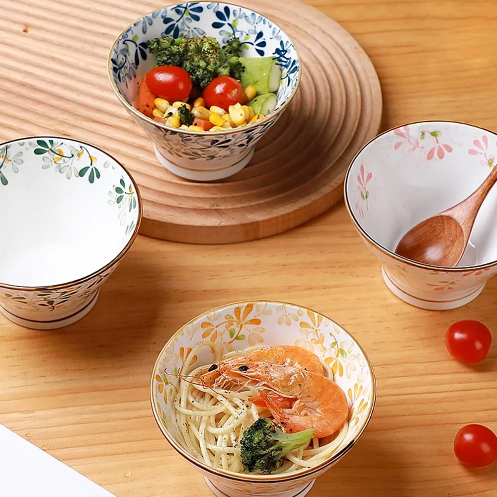 【樂邁家居】日式 四季繁花陶瓷碗 4入 盒裝(質感餐具/釉下彩工藝/和風食器)