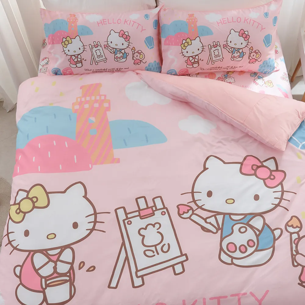 【戀家小舖】MIT卡通正版授權55%天絲床包枕套組-Hello Kitty 風景繪(單人)