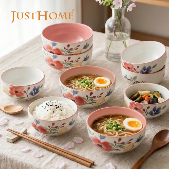 【Just Home】映花陶瓷5吋飯碗5件組/6吋麵碗4件組-擇一款(可微波餐具/飯碗/麵碗/湯碗)