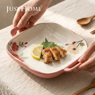 【Just Home】映花陶瓷9吋雙耳方盤(可微波 盤 餐盤 湯盤)