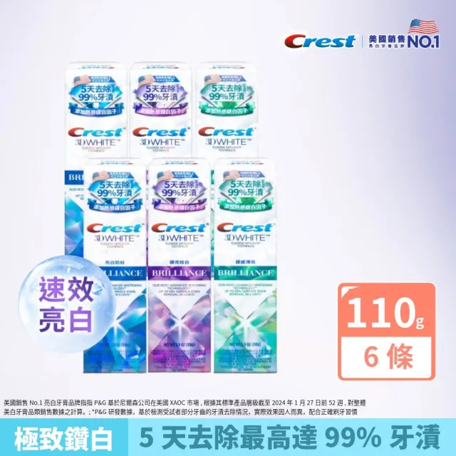 【Crest】速效美白-極致鑽白 美白牙膏110g 6入．牙齒美白(鑽亮炫白/鑽感薄荷/亮白防蛀)